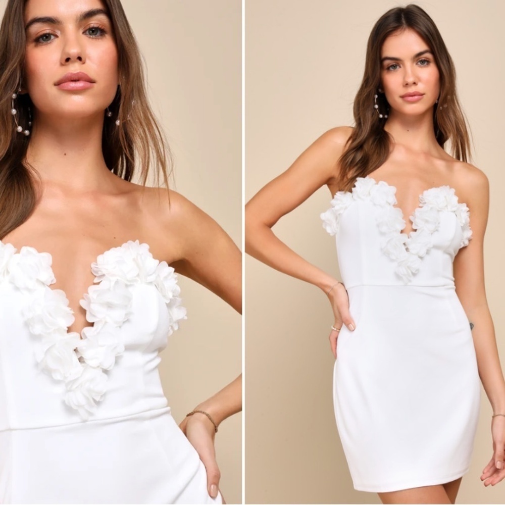 Lulu's Strapless White Dress with Floral Details
